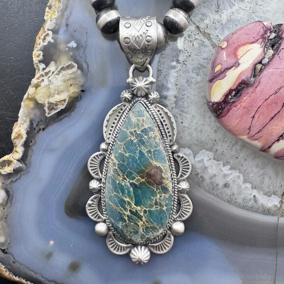Sterling Southwestern Style Elongated Teardrop Sediment Jasper Decorated Pendant